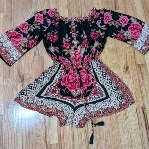 Angie Women's Black Floral Soft  Relaxed Tie Front Jumper SizeS Picnic Spring